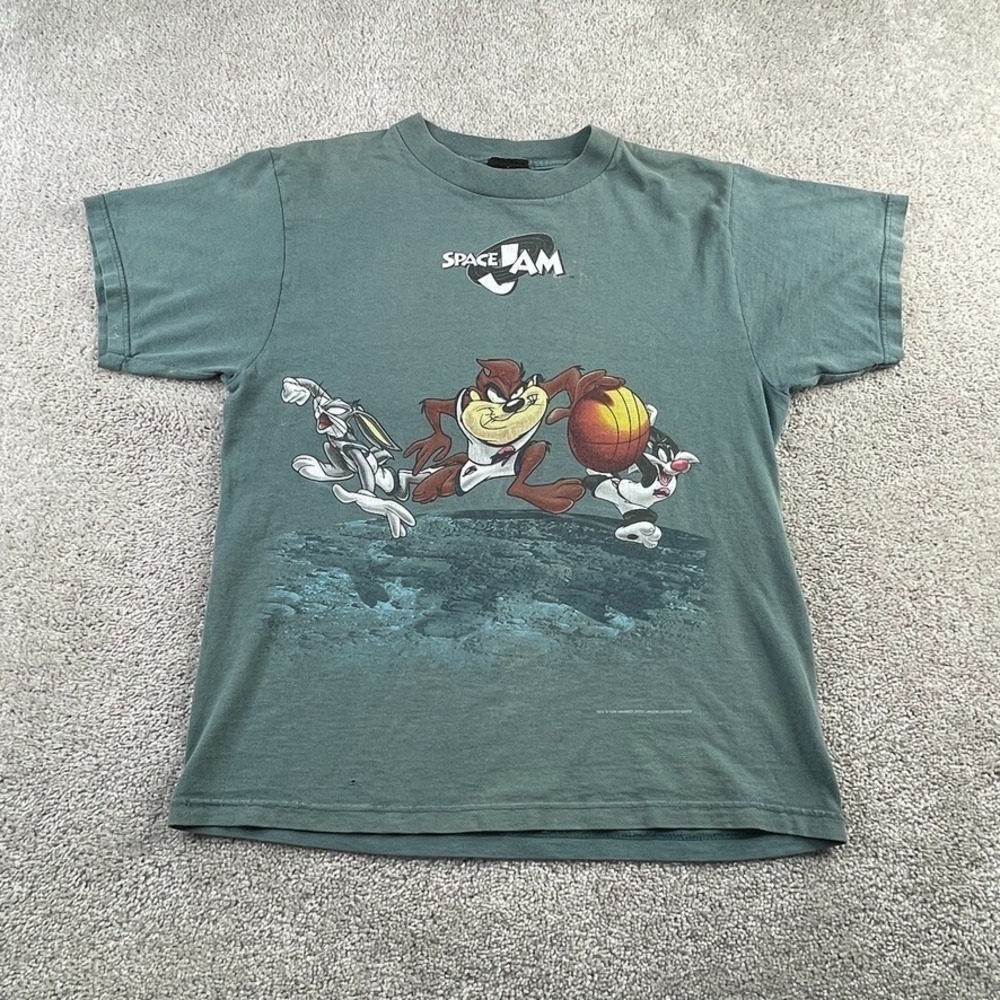Vintage Space Jam Mens Shirt Large Grey Bugs Bunny Sylvester Taz Monstars 90s